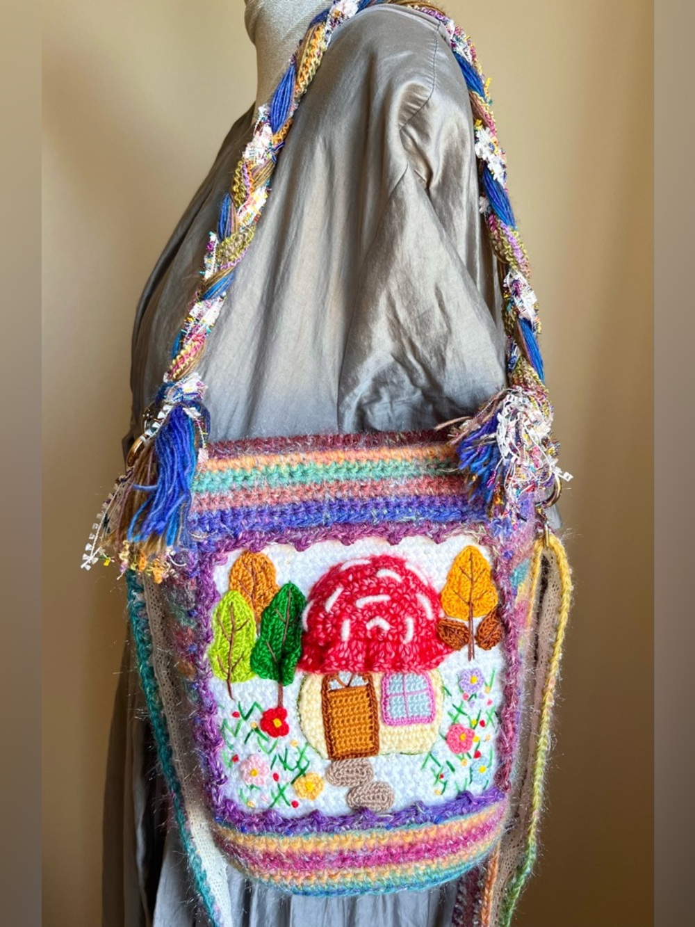 Handmade Multicolor Crochet Tote Bag with Red Mushroom Motif